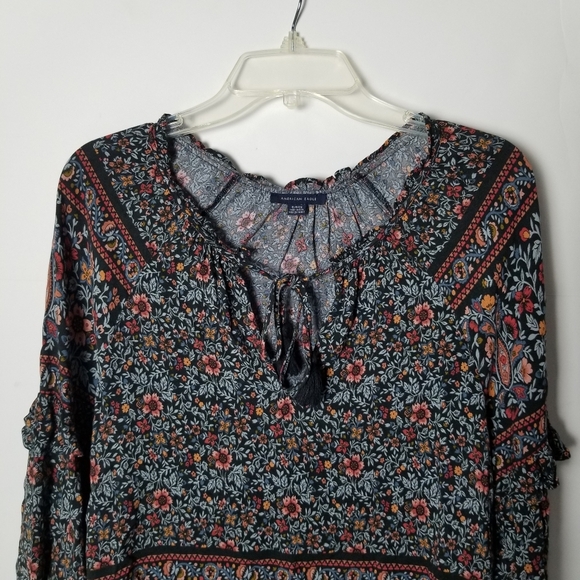 American Eagle Womens‎ Flowy Black Ruffle Sleeve Tassel Peasant Blouse Top Small - Picture 6 of 13